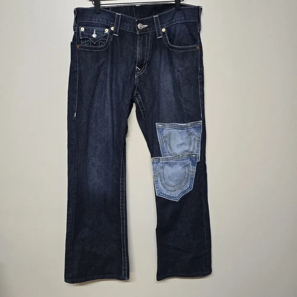 True Religion Mens Knee Patchwork‎ Bootcut With Flap Dark Wash Denim Jeans Sz 34